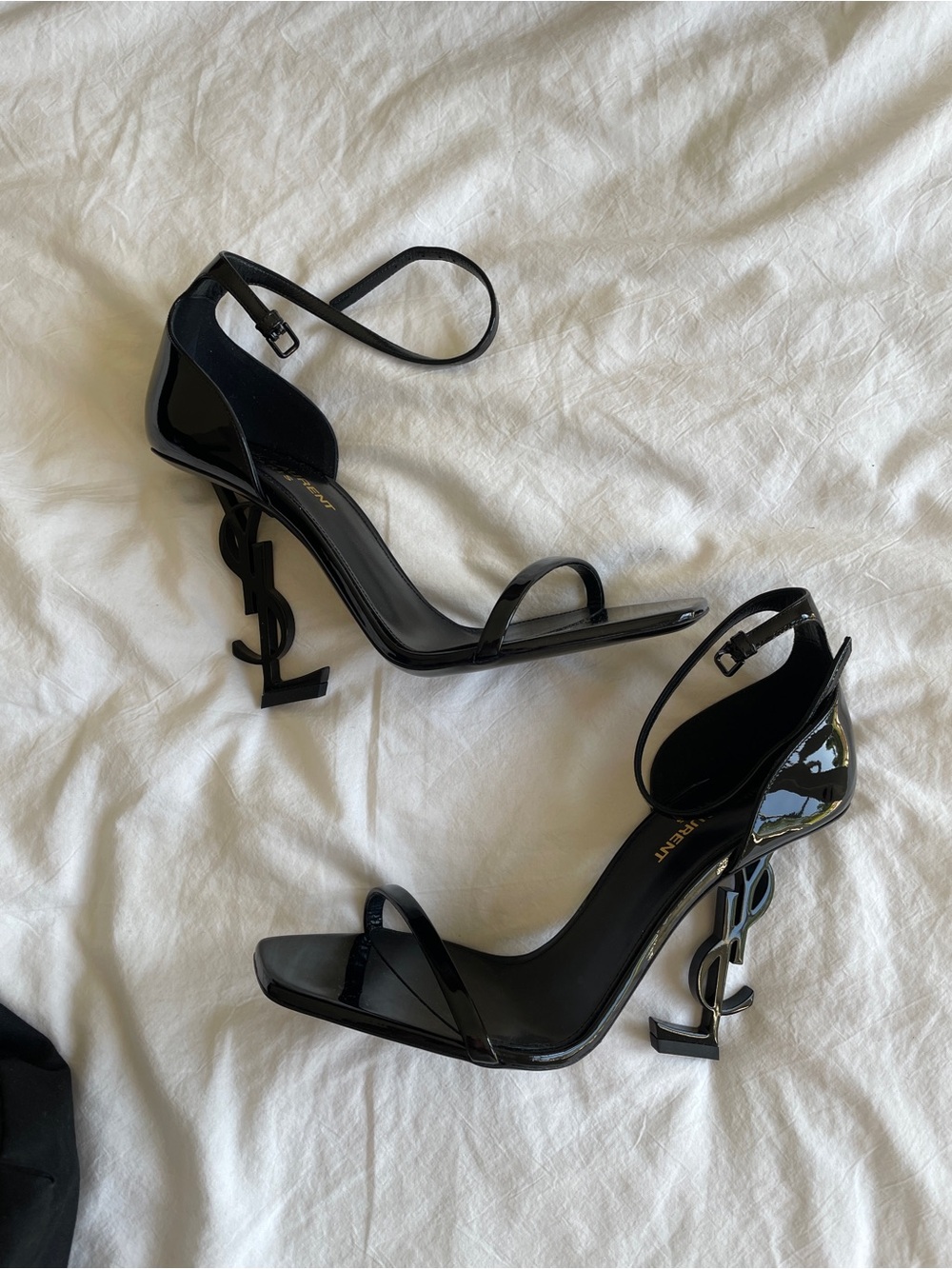 Saint Laurent Black Patent Logo Sculptural-Heel Sandals Opyum 110 YSL Heel